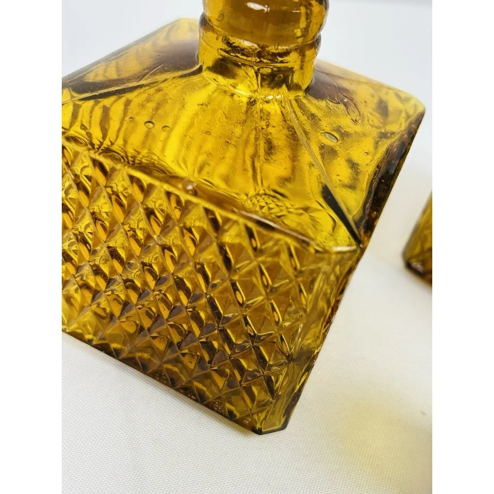 Vintage Amber Square Diamond Point Decanters Glass Stopper Shot Glass MCM Set